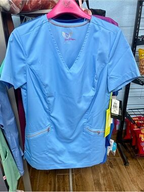 smitten Light Blue Women's V-Neck Short Sleeve Scrub